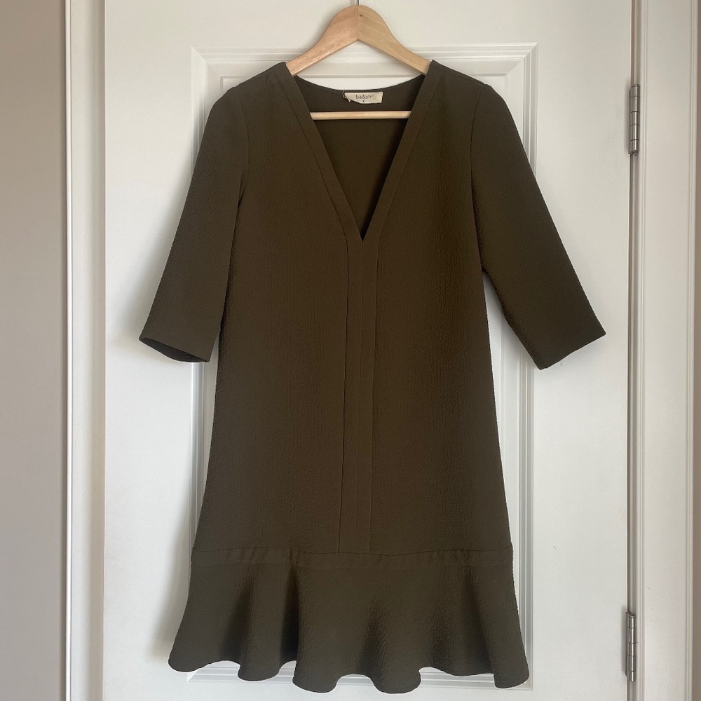 ba&sh Olive Green V-Neck Mini Orest Dress with Sleeves (Size 0 / XS / FR 34) EUC